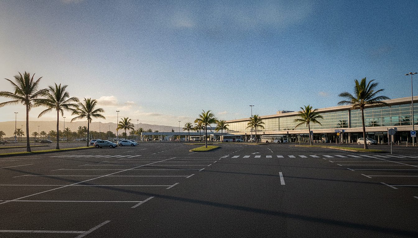 Zone de parking et de dépose-minute à l'extérieur de l'aéroport Roland Garros, La Réunion